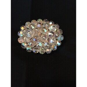 Vintage Clear Oval Beaded Brooch 2 Inches X 1.5 Inches Heavy!